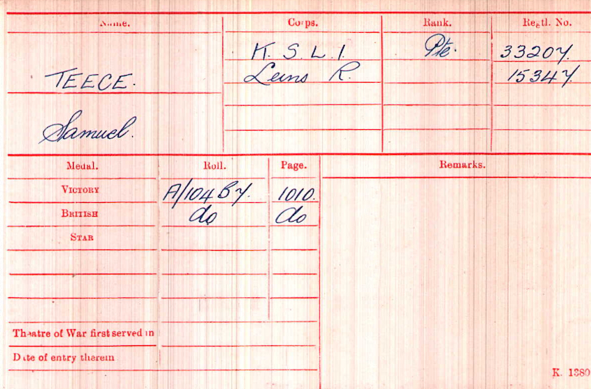 WWI Medal Rolls Index Card